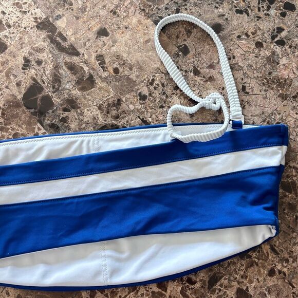 Aerie | Women’s Blue and White Bandeau Bikini Top White Ribbed Adjustable Straps - Picture 8 of 14